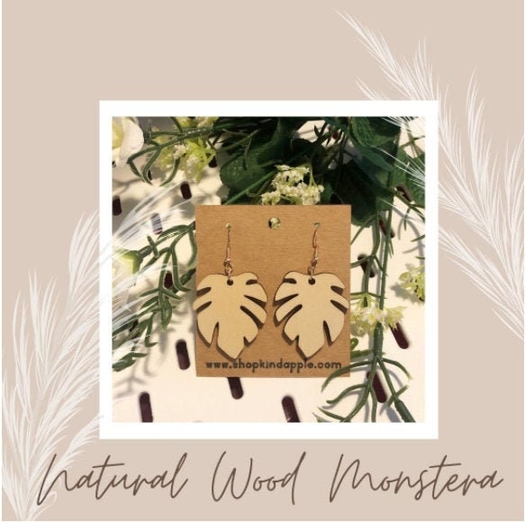 Natural Wood Monstera Earrings